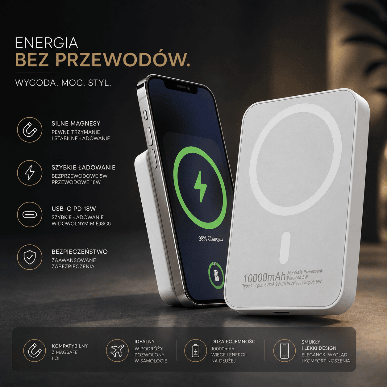 Szybko Ładujący Magnetyczny Power Bank